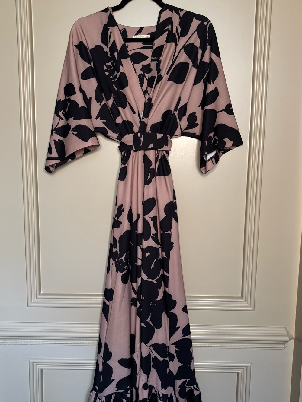Dusty Pink Maxi Wrap Dress with Black Floral Print